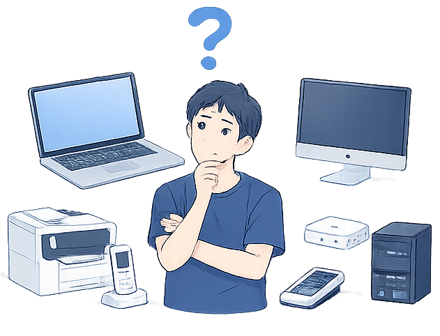 PCや機器選定に悩む医師のイラスト